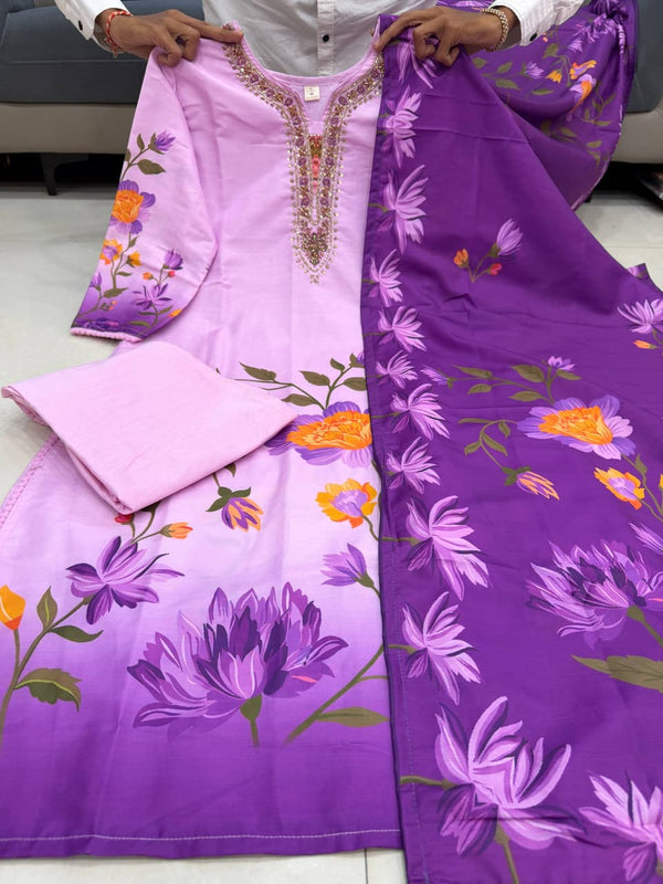 Floral Embroidered Straight Kurta Set with Dupatta