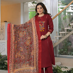 Embroidered Straight Kurta Pant Set with Printed Dupatta