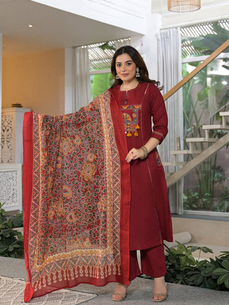 Embroidered Straight Kurta Pant Set with Printed Dupatta