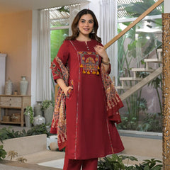 Embroidered Straight Kurta Pant Set with Printed Dupatta