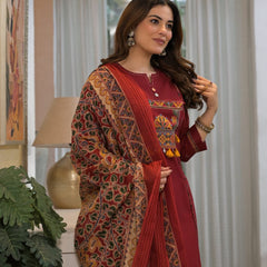 Embroidered Straight Kurta Pant Set with Printed Dupatta