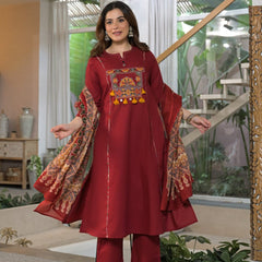 Embroidered Straight Kurta Pant Set with Printed Dupatta