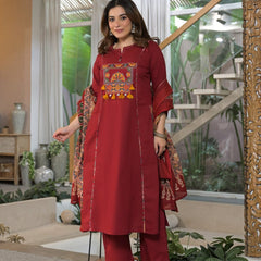 Embroidered Straight Kurta Pant Set with Printed Dupatta