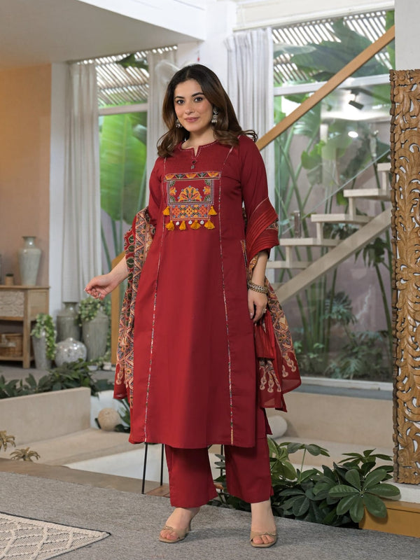 Embroidered Straight Kurta Pant Set with Printed Dupatta