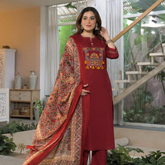 Embroidered Straight Kurta Pant Set with Printed Dupatta