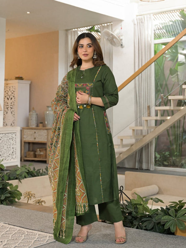 Embroidered Straight Kurta Pant Set with Printed Dupatta