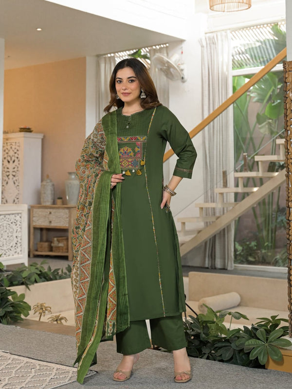 Embroidered Straight Kurta Pant Set with Printed Dupatta