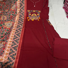 Embroidered Straight Kurta Pant Set with Printed Dupatta