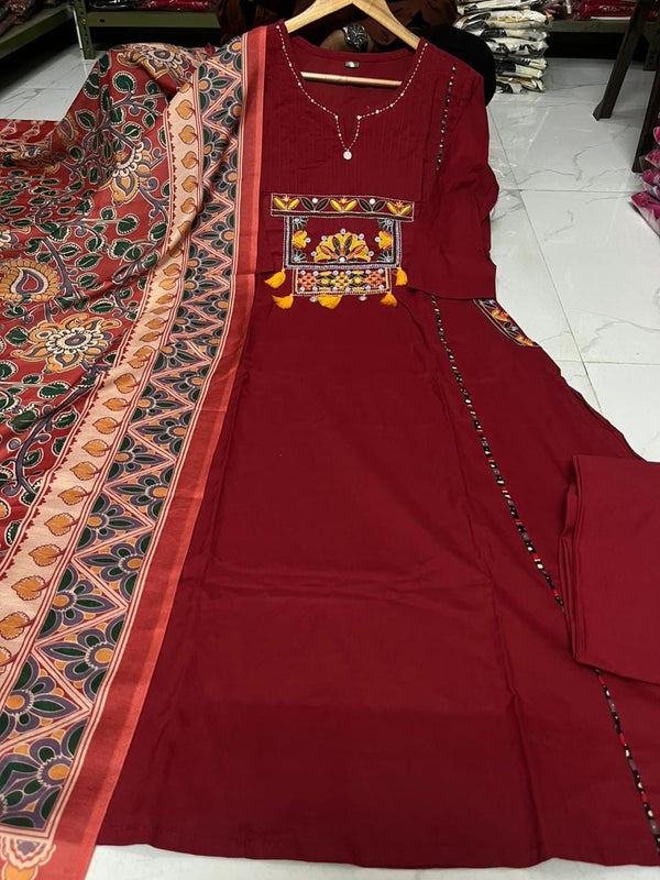 Embroidered Straight Kurta Pant Set with Printed Dupatta