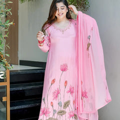 Lotus Embroidered Straight Kurta Set with Dupatta