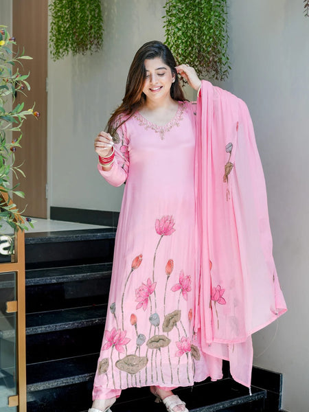 Lotus Embroidered Straight Kurta Set with Dupatta