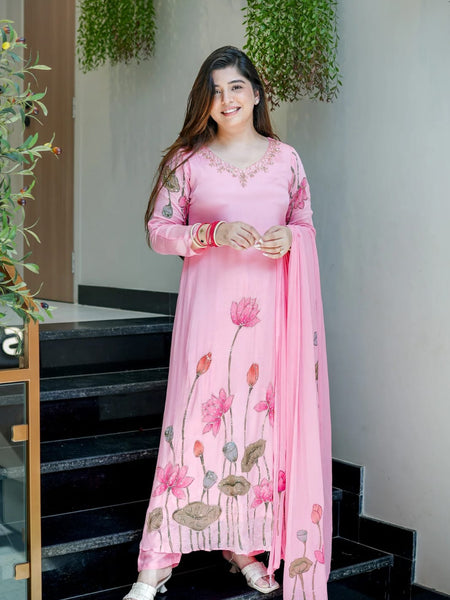 Lotus Embroidered Straight Kurta Set with Dupatta