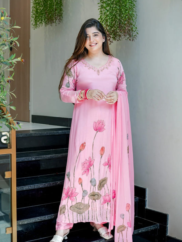 Lotus Embroidered Straight Kurta Set with Dupatta