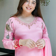 Lotus Embroidered Straight Kurta Set with Dupatta