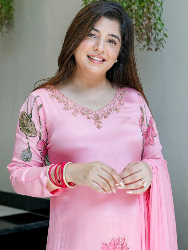 Lotus Embroidered Straight Kurta Set with Dupatta