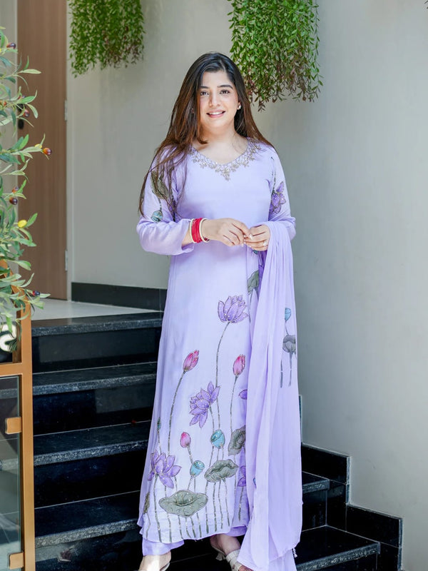 Lotus Embroidered Straight Kurta Set with Dupatta