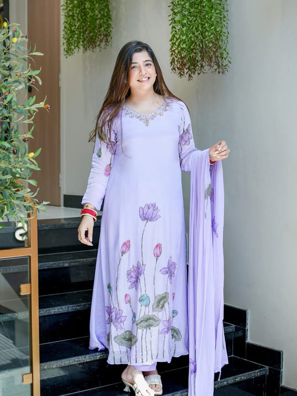 Lotus Embroidered Straight Kurta Set with Dupatta