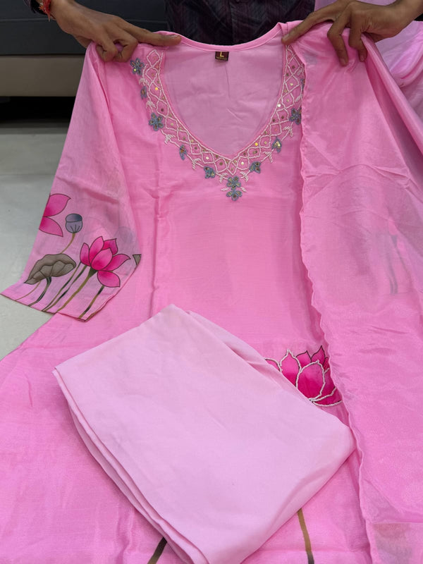 Lotus Embroidered Straight Kurta Set with Dupatta