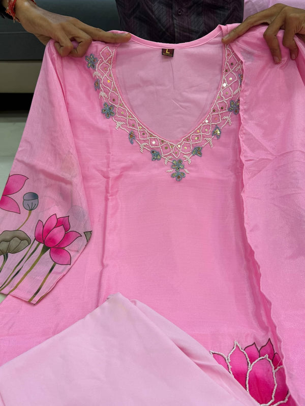 Lotus Embroidered Straight Kurta Set with Dupatta