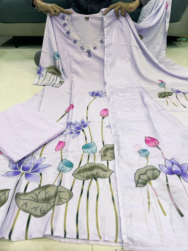 Lotus Embroidered Straight Kurta Set with Dupatta