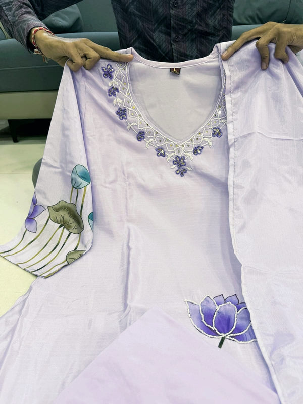 Lotus Embroidered Straight Kurta Set with Dupatta