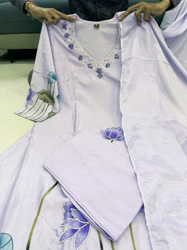 Lotus Embroidered Straight Kurta Set with Dupatta