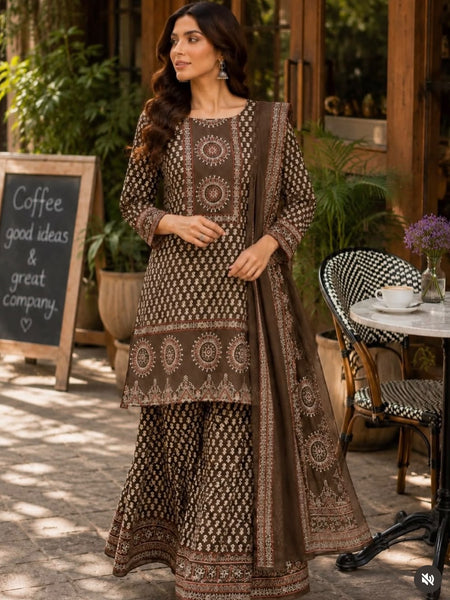 Printed Kurta Set with Palazzo & Dupatta