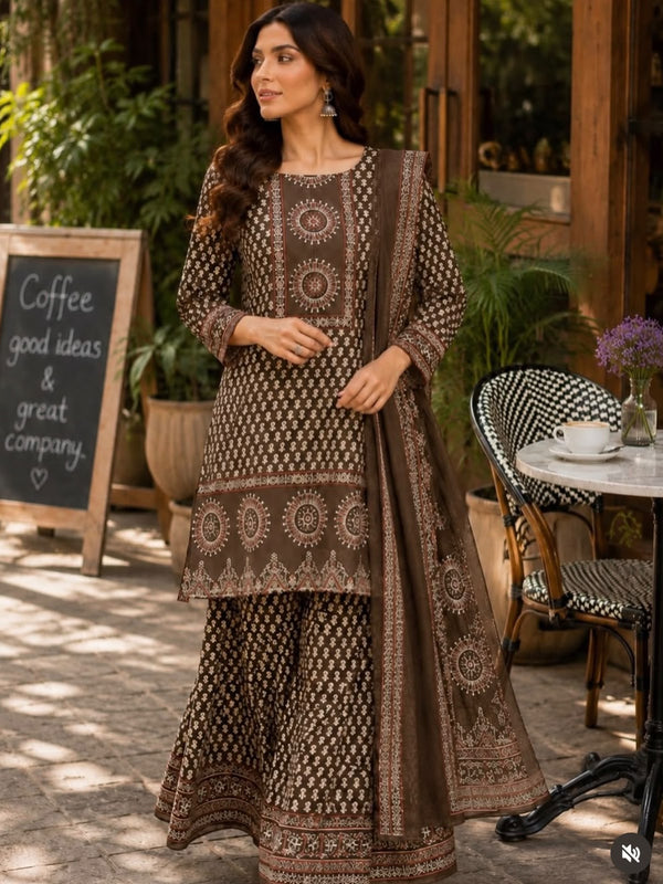 Printed Kurta Set with Palazzo & Dupatta