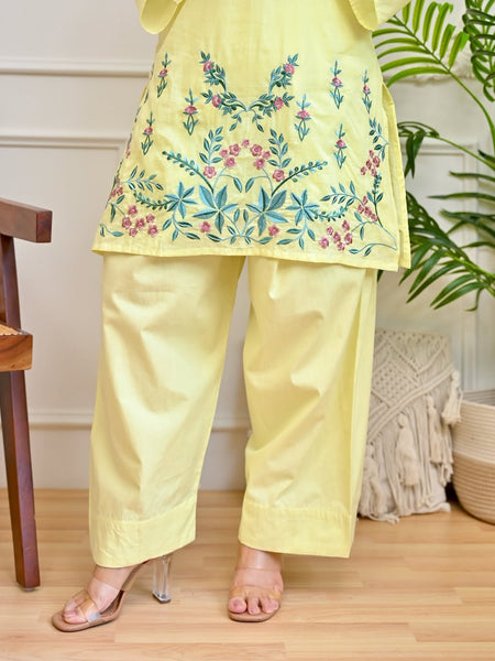 Women's Floral Thread Embroidered Cotton Co-ord Set with Palazzo
