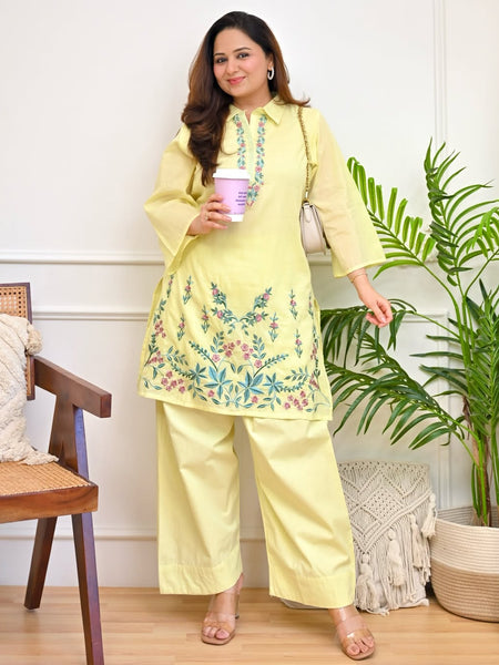 Women's Floral Thread Embroidered Cotton Co-ord Set with Palazzo