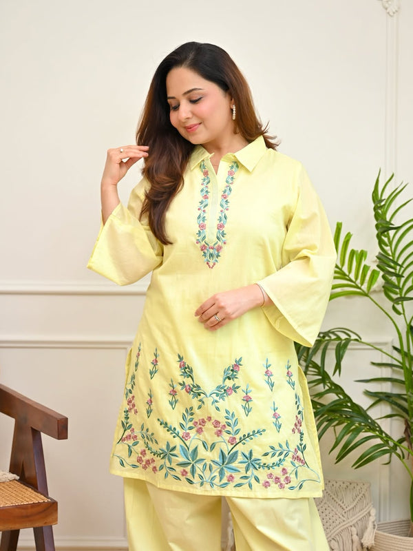 Women's Floral Thread Embroidered Cotton Co-ord Set with Palazzo
