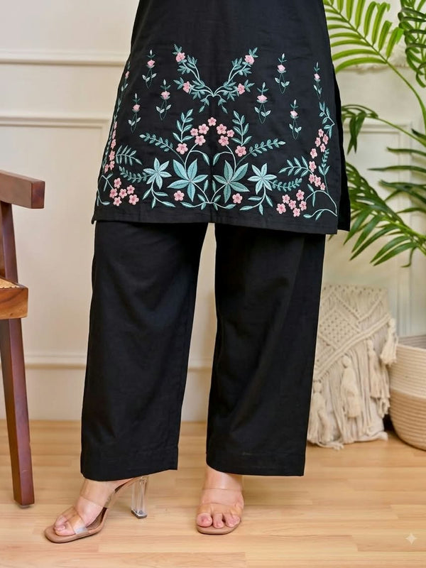 Women's Floral Thread Embroidered Cotton Co-ord Set with Palazzo