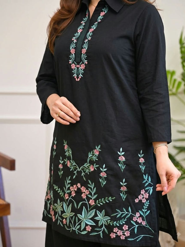 Women's Floral Thread Embroidered Cotton Co-ord Set with Palazzo