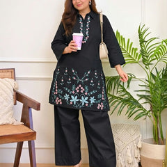 Women's Floral Thread Embroidered Cotton Co-ord Set with Palazzo