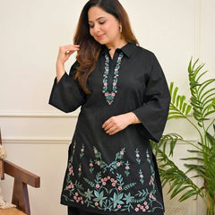 Women's Floral Thread Embroidered Cotton Co-ord Set with Palazzo