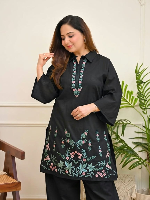 Women's Floral Thread Embroidered Cotton Co-ord Set with Palazzo
