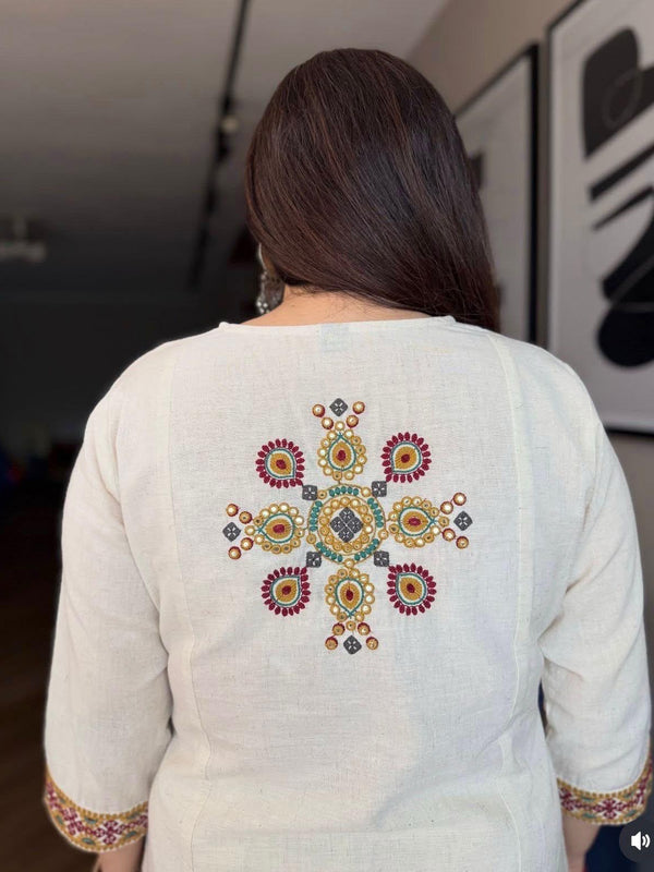 Women's Ivory Embroidered Straight Kurta with Matching Pants