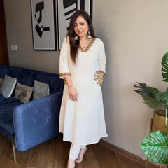 Women's Ivory Embroidered Straight Kurta with Matching Pants
