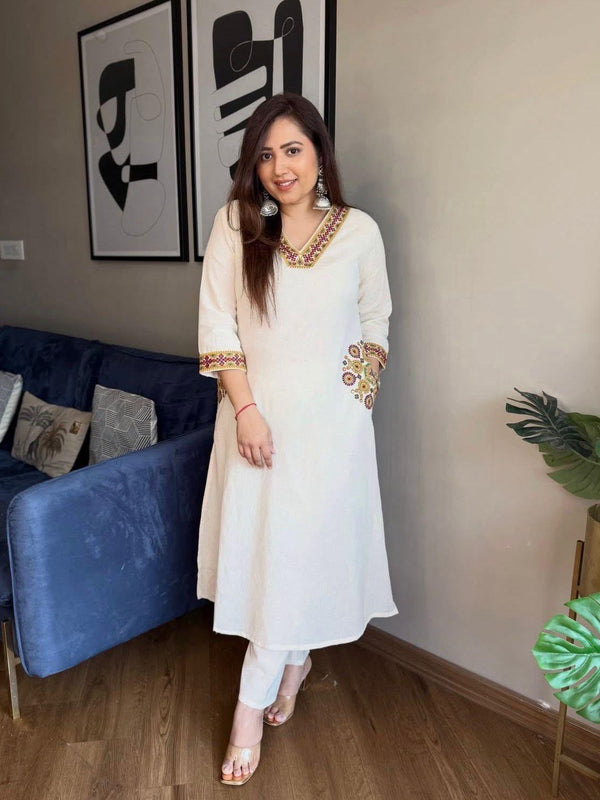 Women's Ivory Embroidered Straight Kurta with Matching Pants