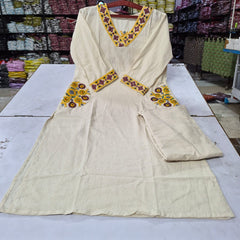 Women's Ivory Embroidered Straight Kurta with Matching Pants