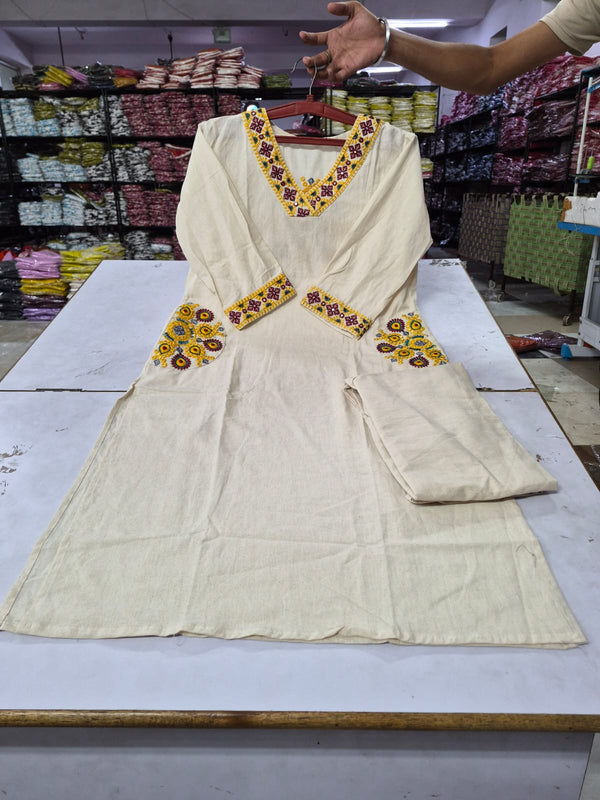 Women's Ivory Embroidered Straight Kurta with Matching Pants