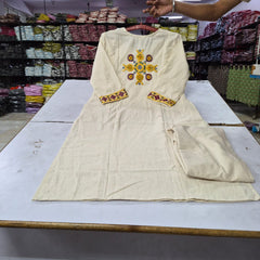 Women's Ivory Embroidered Straight Kurta with Matching Pants