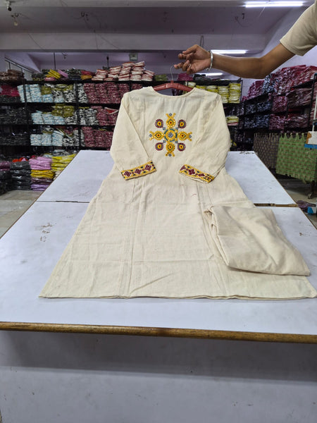 Women's Ivory Embroidered Straight Kurta with Matching Pants