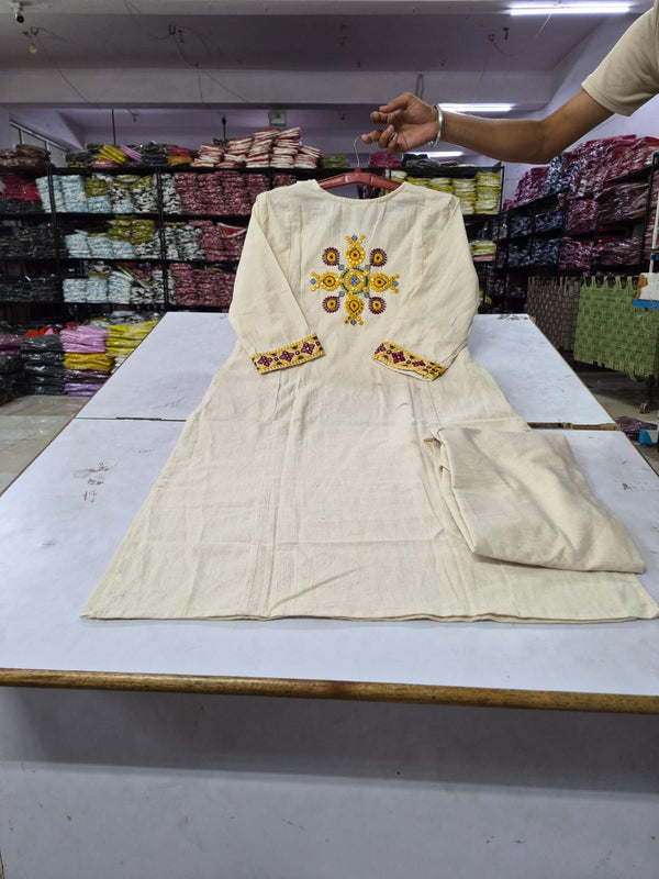 Women's Ivory Embroidered Straight Kurta with Matching Pants