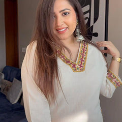 Women's Ivory Embroidered Straight Kurta with Matching Pants