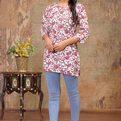 Women’s Cream Rayon Floral Printed Straight Short Kurti