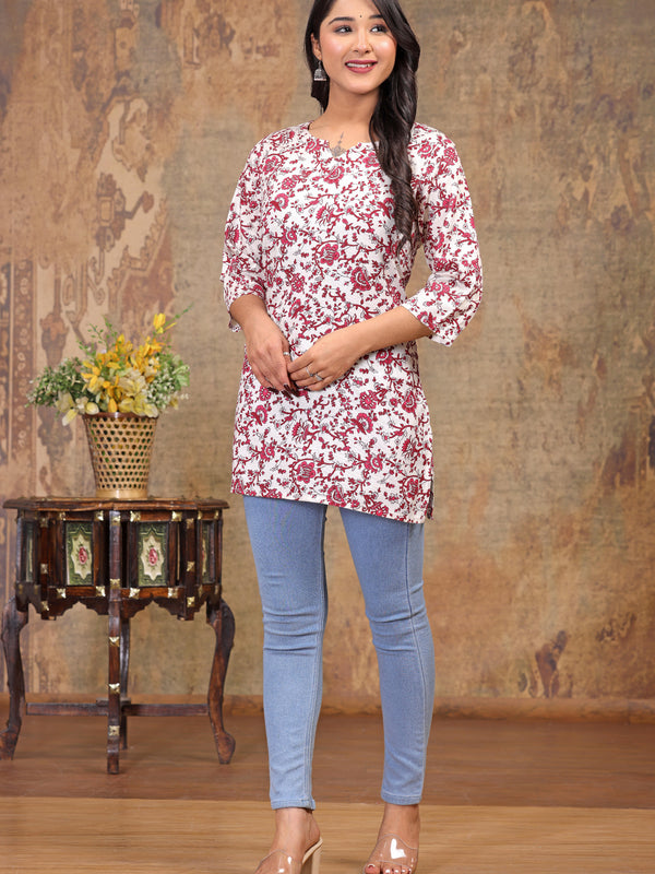 Women’s Cream Rayon Floral Printed Straight Short Kurti