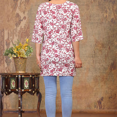 Women’s Cream Rayon Floral Printed Straight Short Kurti