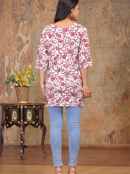 Women’s Cream Rayon Floral Printed Straight Short Kurti