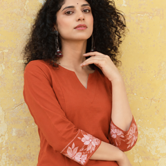 Women's Embroidered Cotton Kurta with Off-White Farshi Salwar Set
